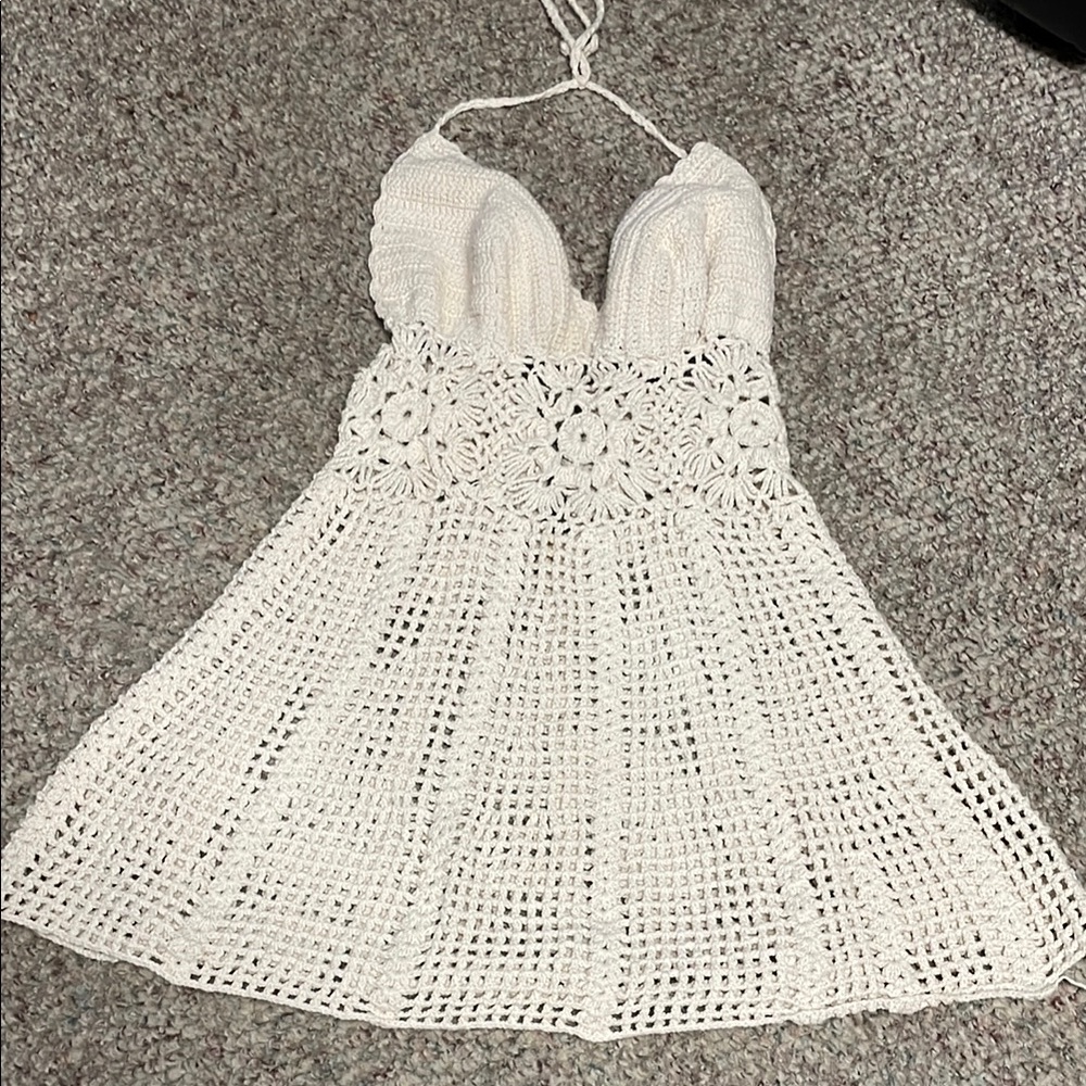 Vintage 70s White Crochet Halter Dress